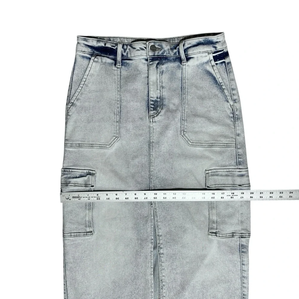 RISEN Jeans Midi Cargo Skirt Sz L Front Slit Stretch Light Wash Denim RDS6186 - Picture 8 of 12